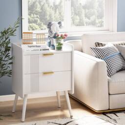 Huhote Bedside Table Cabinet Bed Side End Table with 2 Drawers Wooden Legs in White - thumbnail 2