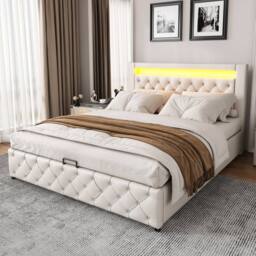 BTM PU Upholstered Bed 135x190cm with LED Lighting & Storage in White - Size: 135x190 cm - thumbnail 9