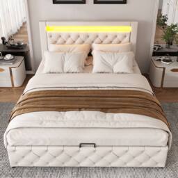 BTM PU Upholstered Bed 135x190cm with LED Lighting & Storage in White - Size: 135x190 cm - thumbnail 2