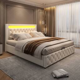 BTM PU Upholstered Bed 135x190cm with LED Lighting & Storage in White - Size: 135x190 cm - thumbnail 7
