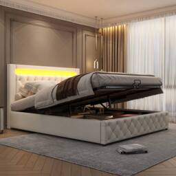 BTM PU Upholstered Bed 135x190cm with LED Lighting & Storage in White - Size: 135x190 cm - thumbnail 4