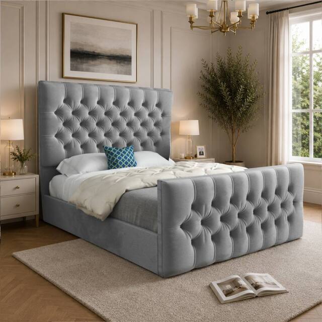Casani Portmeirion Upholstered Grey Soft Velvet Designer Bed Frame - Size: Small Single - image 1
