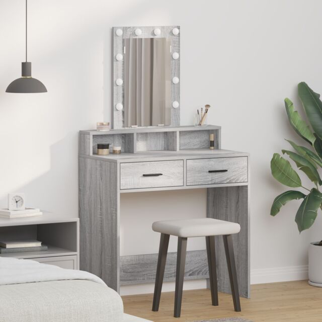 Berkfield Home Makeup Table with LED Lights in Grey Sonoma - 79x41x140 cm - Size: 79 x 41 x 140 cm - image 1