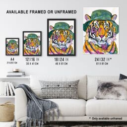 "Artery8 Tiger With Bucket Hat Hip Hop Culture Fun Animal Wall Art Print in Orange - Size: W24"" x H32""" - thumbnail 3