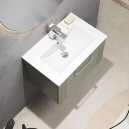 Balterley Wall Hung 1 Drawer Vanity Unit - Minimalist Basin 600mm, Satin Green - thumbnail 3