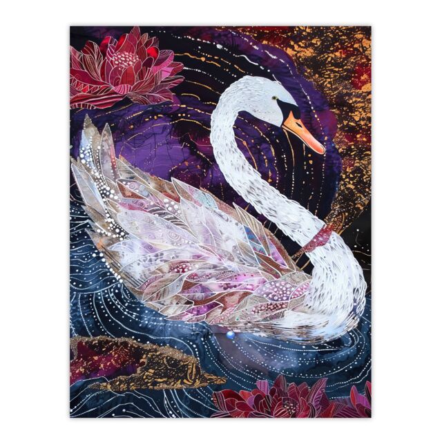 "Artery8 Magical Swan Artwork Enchanted Purple Pink Wall Art Print in Black - Size: W24"" x H32""" - image 1