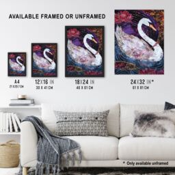 "Artery8 Magical Swan Artwork Enchanted Purple Pink Wall Art Print in Black - Size: W24"" x H32""" - thumbnail 3