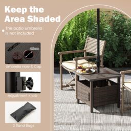 Gymax PE Wicker Patio Umbrella Table Side Table With 2 Weighted Sand Bags in Brown - thumbnail 3