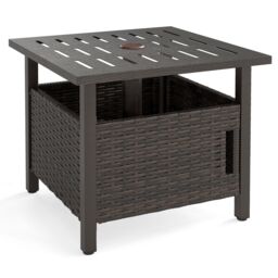 Gymax PE Wicker Patio Umbrella Table Side Table With 2 Weighted Sand Bags in Brown - thumbnail 9