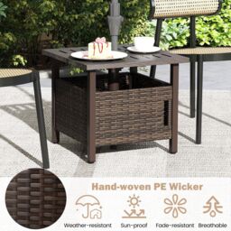 Gymax PE Wicker Patio Umbrella Table Side Table With 2 Weighted Sand Bags in Brown - thumbnail 4