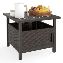 Gymax PE Wicker Patio Umbrella Table Side Table With 2 Weighted Sand Bags in Brown - thumbnail 1