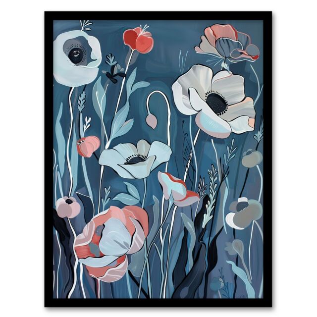 Artery8 Elegant Spring Wildflowers Blue Pink Painting Framed Art Print - Size: A4 - image 1