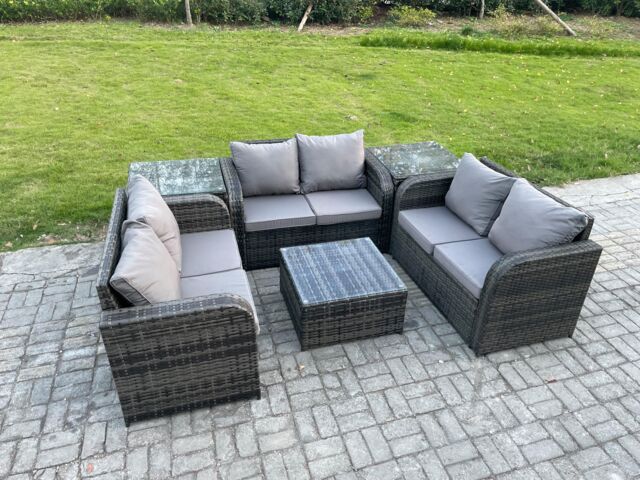 Fimous Outdoor Garden Furniture Sets 6 Seater Wicker Rattan Furniture Sofa Sets with Square Coffee Table Love seat Sofa 2 Side Tables in Dark Grey - image 1