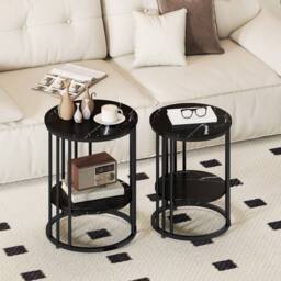 HOMCOM Marble-Effect Round Coffee Table Set of 2 for Living Room, Black - Size: 2 Pack