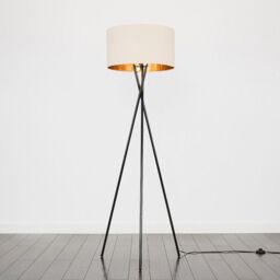 ValueLights Camden Black Tripod Floor Lamp with Beige & Gold Lamp Shade & Bulb - thumbnail 2