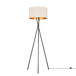 ValueLights Camden Black Tripod Floor Lamp with Beige & Gold Lamp Shade & Bulb - thumbnail 1