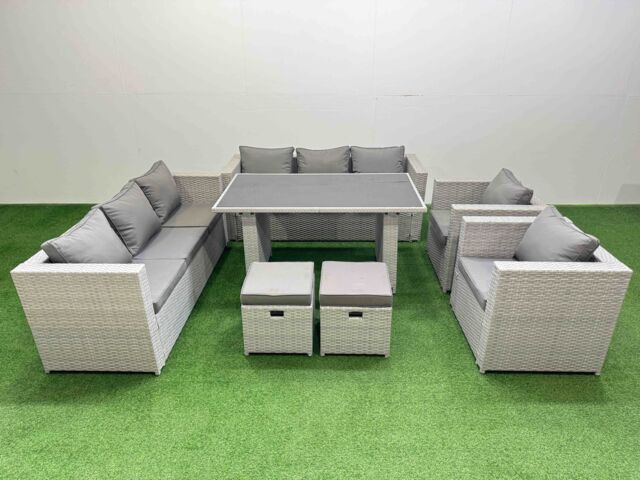 Fimous 10 Seater Outdoor Dining Table 3 Seater Sofa Set with 2 Small Stools in Light Grey - image 1