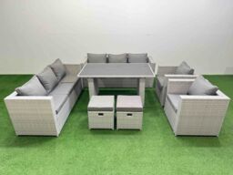 Fimous 10 Seater Outdoor Dining Table 3 Seater Sofa Set with 2 Small Stools in Light Grey - thumbnail 1
