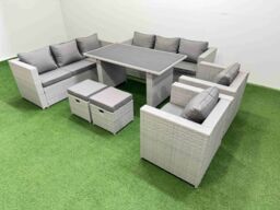 Fimous 10 Seater Outdoor Dining Table 3 Seater Sofa Set with 2 Small Stools in Light Grey - thumbnail 2