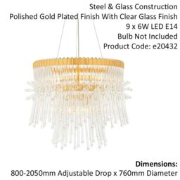 Loops Gold Plated Ceiling Chandelier - Glass Detailing - 9 Bulb Pendant Light Fitting in Clear - thumbnail 2