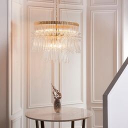 Loops Gold Plated Ceiling Chandelier - Glass Detailing - 9 Bulb Pendant Light Fitting in Clear - thumbnail 4