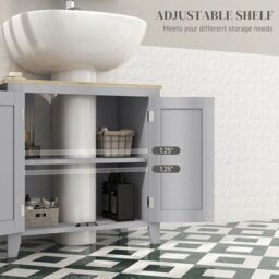 Kleankin Bathroom Pedestal Under Sink Cabinet with Adjustable Shelf, Grey - thumbnail 5