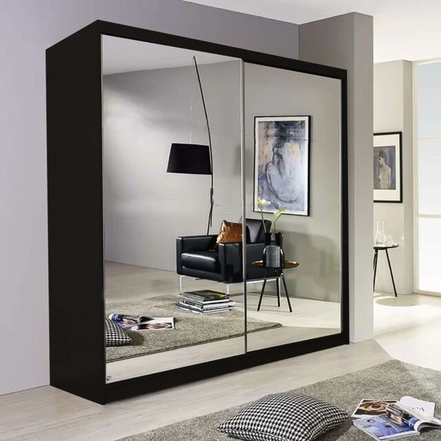 Sliding Wardrobes 4U Double Mirror Sliding Door Wardrobe with LED Light 150cm x 217cm in Black - Size: 150 cm x 217 cm - image 1