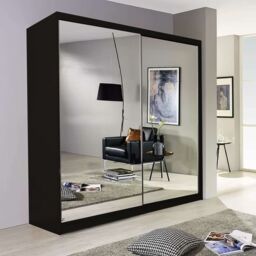 Sliding Wardrobes 4U Double Mirror Sliding Door Wardrobe with LED Light 150cm x 217cm in Black - Size: 150 cm x 217 cm - thumbnail 1