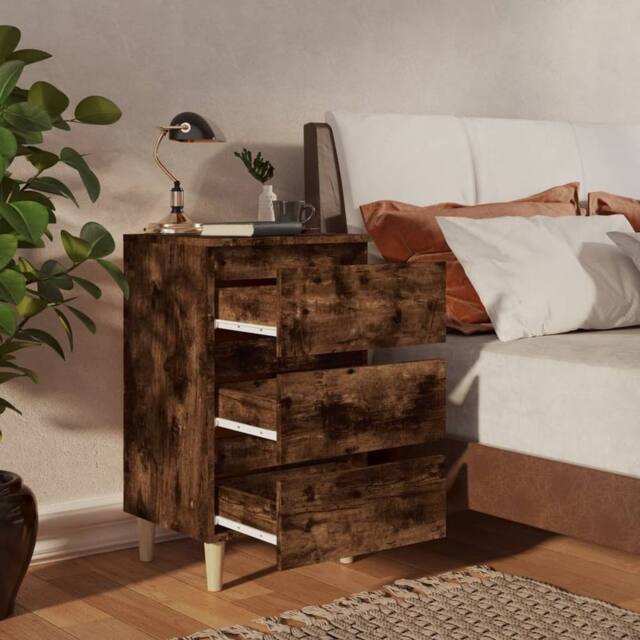 Berkfield Home Sturdy Bed Cabinet with Solid Wood Legs Smoked Oak 40x35x69 cm in Brown - Size: 40 x 35 x 69 cm - image 1