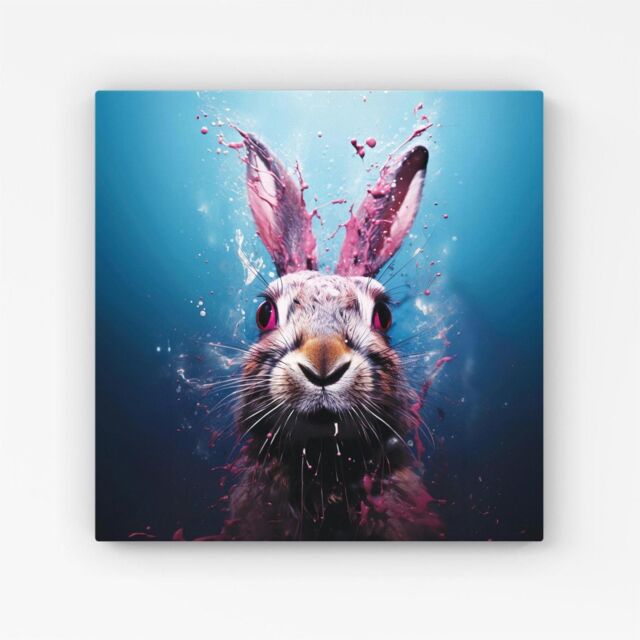 Warren Reed - Designer Rabbit Face Splashart Canvas in Blue - Size: w40 inch x h40 inch - image 1