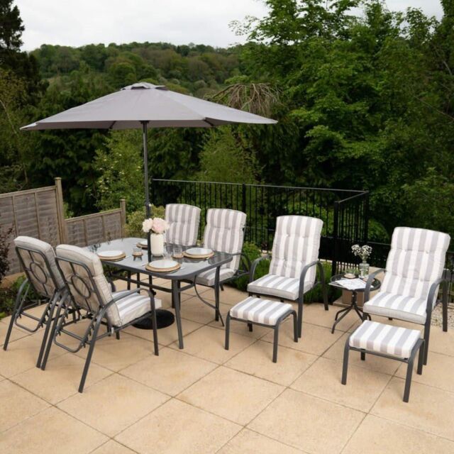 Hectare 6 Seater Reclining Chair Dining Set Tempered Glass Table Parasol Grey