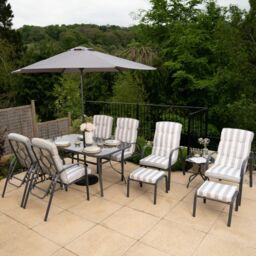 Hectare 6 Seater Reclining Chair Dining Set Tempered Glass Table Parasol Grey - thumbnail 2