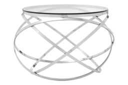 Orsina Clear Glass Side Table, Polished Circular Settee Side Table, Luxe Silver Bedside Table With Overlapping Hoops - thumbnail 1