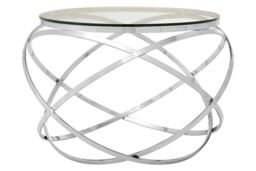 Orsina Clear Glass Side Table, Polished Circular Settee Side Table, Luxe Silver Bedside Table With Overlapping Hoops - thumbnail 2