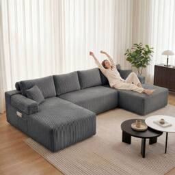 Levede Modular Sectional Sofa Bed 3 Seater U Shaped Convertible Soft Boneless in Grey - thumbnail 2