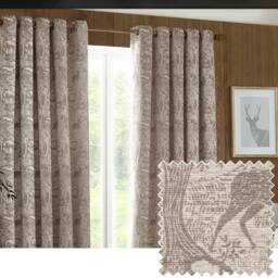 Furn Winter Woods Animal Chenille Eyelet Curtain Pair in Taupe - Size: 117 cm width x 137 cm drop