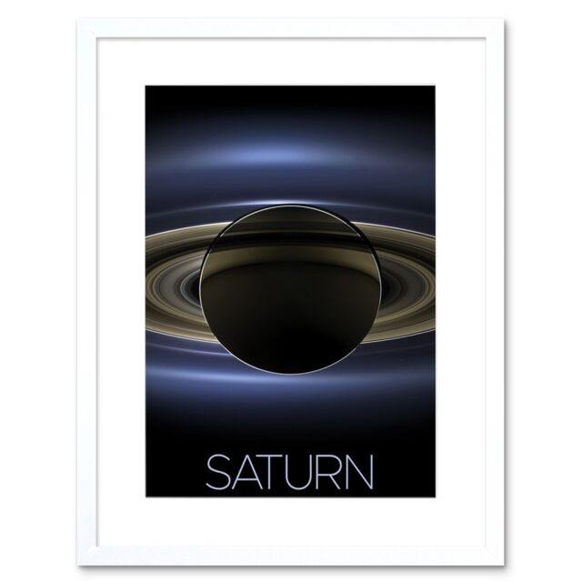 "Artery8 Wall Art Print NASA Our Solar System Saturn Planet Shadow Cassini Artwork Framed 9X7 Inch in White - Size: W7"" x H9""" - image 1