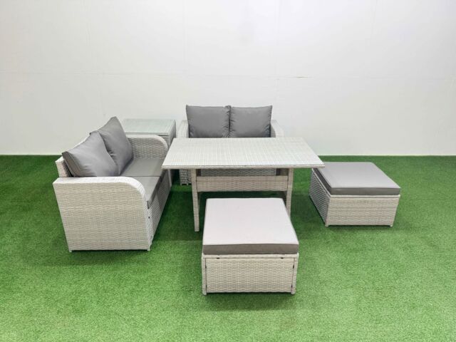 Fimous 6 Seater Outdoor Love Sofa Set Rattan Garden Furniture Set with Rectangular Dining Table 2 Footstool Side Table Light Grey - image 1