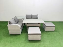 Fimous 6 Seater Outdoor Love Sofa Set Rattan Garden Furniture Set with Rectangular Dining Table 2 Footstool Side Table Light Grey - thumbnail 1