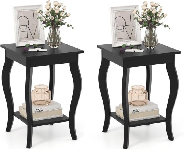Gymax Set of 2 End Tables 2-Tier Accent Table Shelf with Elegant Curved Legs in Black - image 1