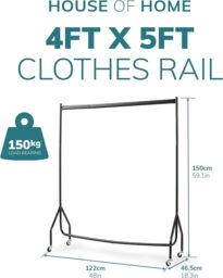 House of Home Clothes Rail Extra Strong Heavy Duty Metal With Wheels Rack 4FT Long x 5FT Tall in Black - thumbnail 2