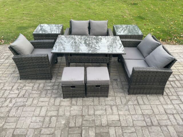 Fimous Outdoor Garden Dining Set Wicker PE Rattan Furniture Sofa with Dining Table Double Seat Sofa 2 Side Tables 2 Small Footstools in Dark Grey