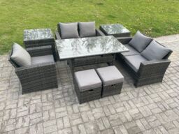 Fimous Outdoor Garden Dining Set Wicker PE Rattan Furniture Sofa with Dining Table Double Seat Sofa 2 Side Tables 2 Small Footstools in Dark Grey - thumbnail 2