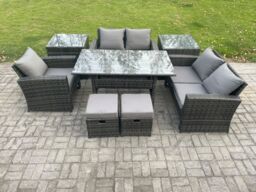 Fimous Outdoor Garden Dining Set Wicker PE Rattan Furniture Sofa with Dining Table Double Seat Sofa 2 Side Tables 2 Small Footstools in Dark Grey - thumbnail 1