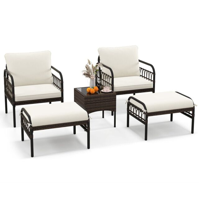 Gymax 5 PCS Patio Conversation Set Wicker Chair Set Ottomans & Coffee Table in Off-White - image 1