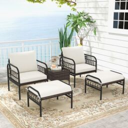 Gymax 5 PCS Patio Conversation Set Wicker Chair Set Ottomans & Coffee Table in Off-White - thumbnail 4