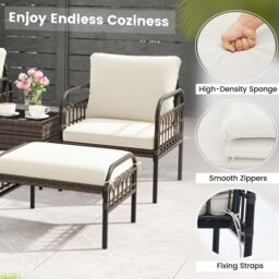 Gymax 5 PCS Patio Conversation Set Wicker Chair Set Ottomans & Coffee Table in Off-White - thumbnail 6