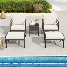 Gymax 5 PCS Patio Conversation Set Wicker Chair Set Ottomans & Coffee Table in Off-White - thumbnail 3