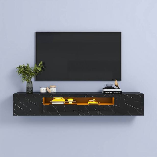 KEEPREAPER Wall-Mounted Marble Finish TV Stand for 55-80in LED Storage Cabinet TV Unit in Black - image 1