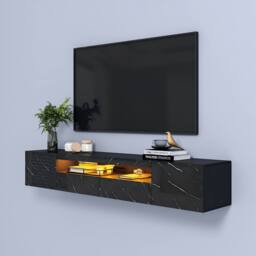 KEEPREAPER Wall-Mounted Marble Finish TV Stand for 55-80in LED Storage Cabinet TV Unit in Black - thumbnail 3